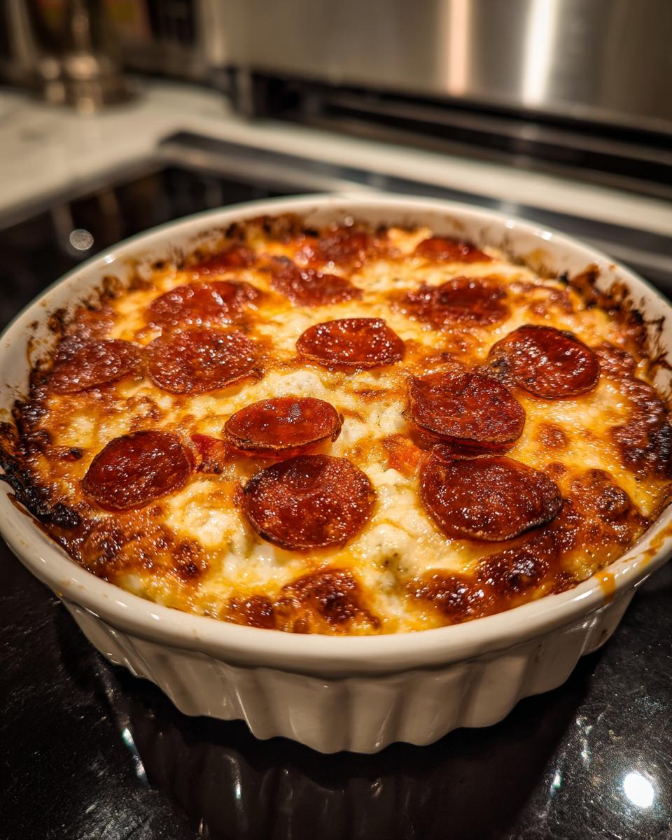 A close-up of a baked Cottage Cheese Pizza Bowl topped with melted cheese and pepperoni slices.
