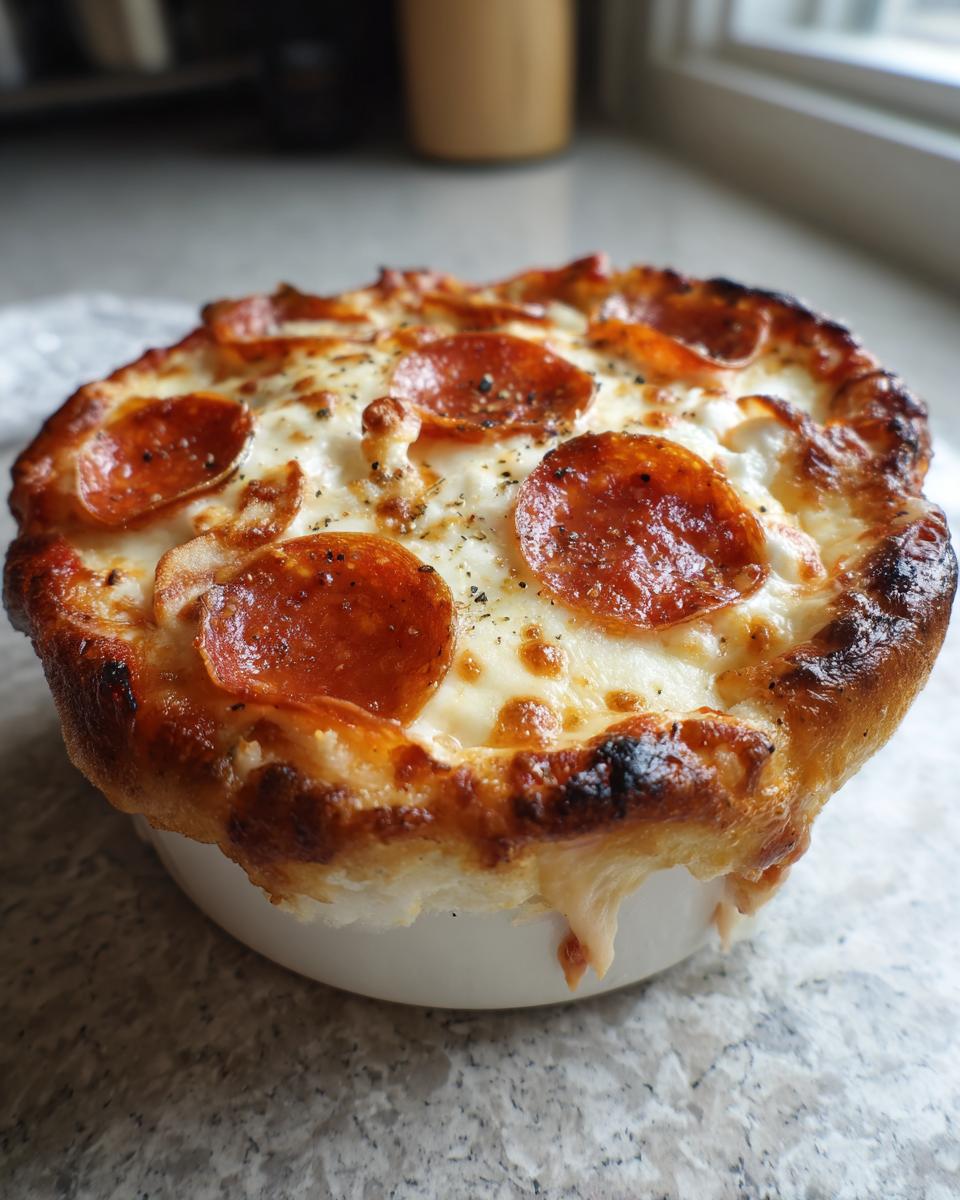 A close-up of a Cottage Cheese Pizza Bowl topped with melted cheese and pepperoni slices.