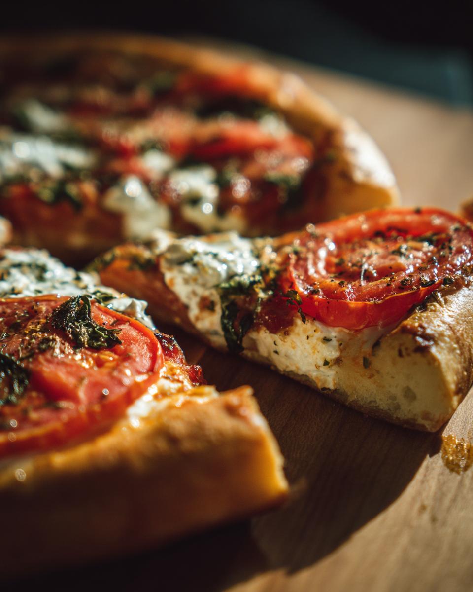 A close-up of a slice from a Cottage Cheese Pizza Bowl, featuring fresh tomatoes and creamy cottage cheese.