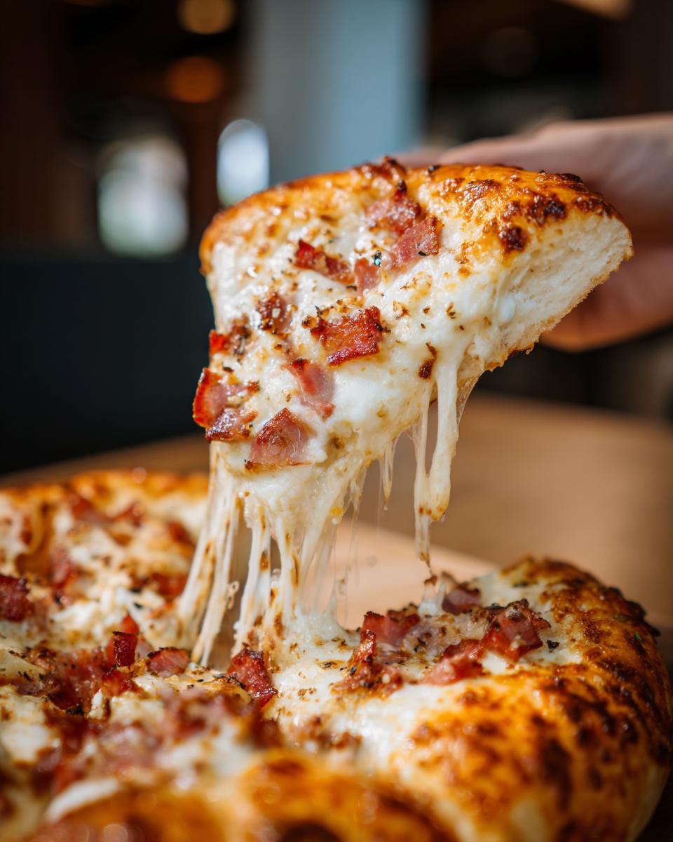 A slice of Cottage Cheese Pizza Bowl being lifted, showing melted cheese strings and bacon bits.