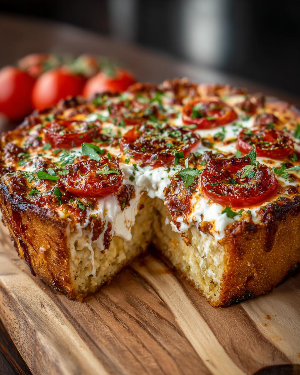 A slice of Cottage Cheese Pizza Bowl with a thick crust, topped with melted cheese, tomatoes, and herbs.