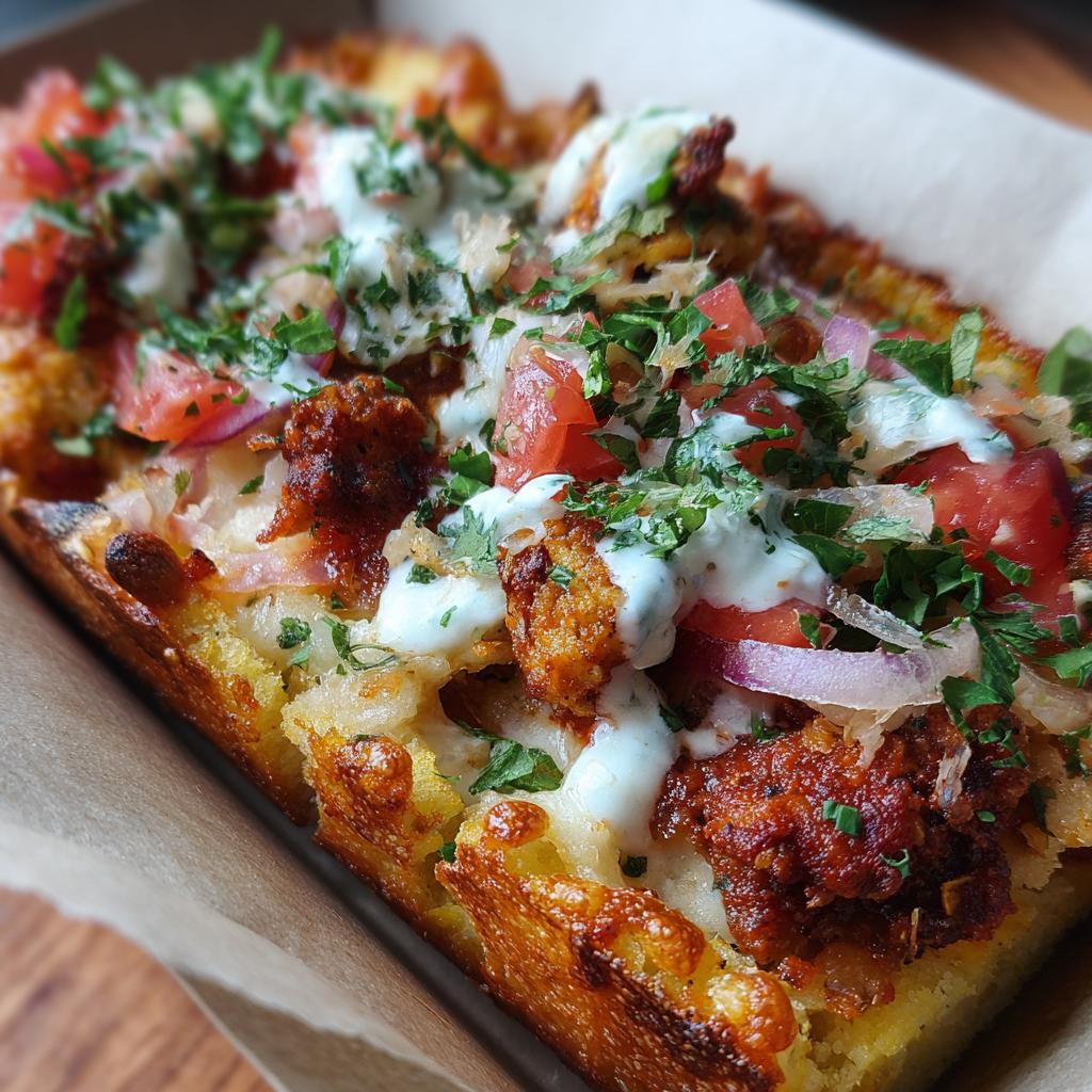 Close-up of a Cottage Cheese Pizza Bowl with crumbled meat, tomatoes, red onion, and fresh herbs.
