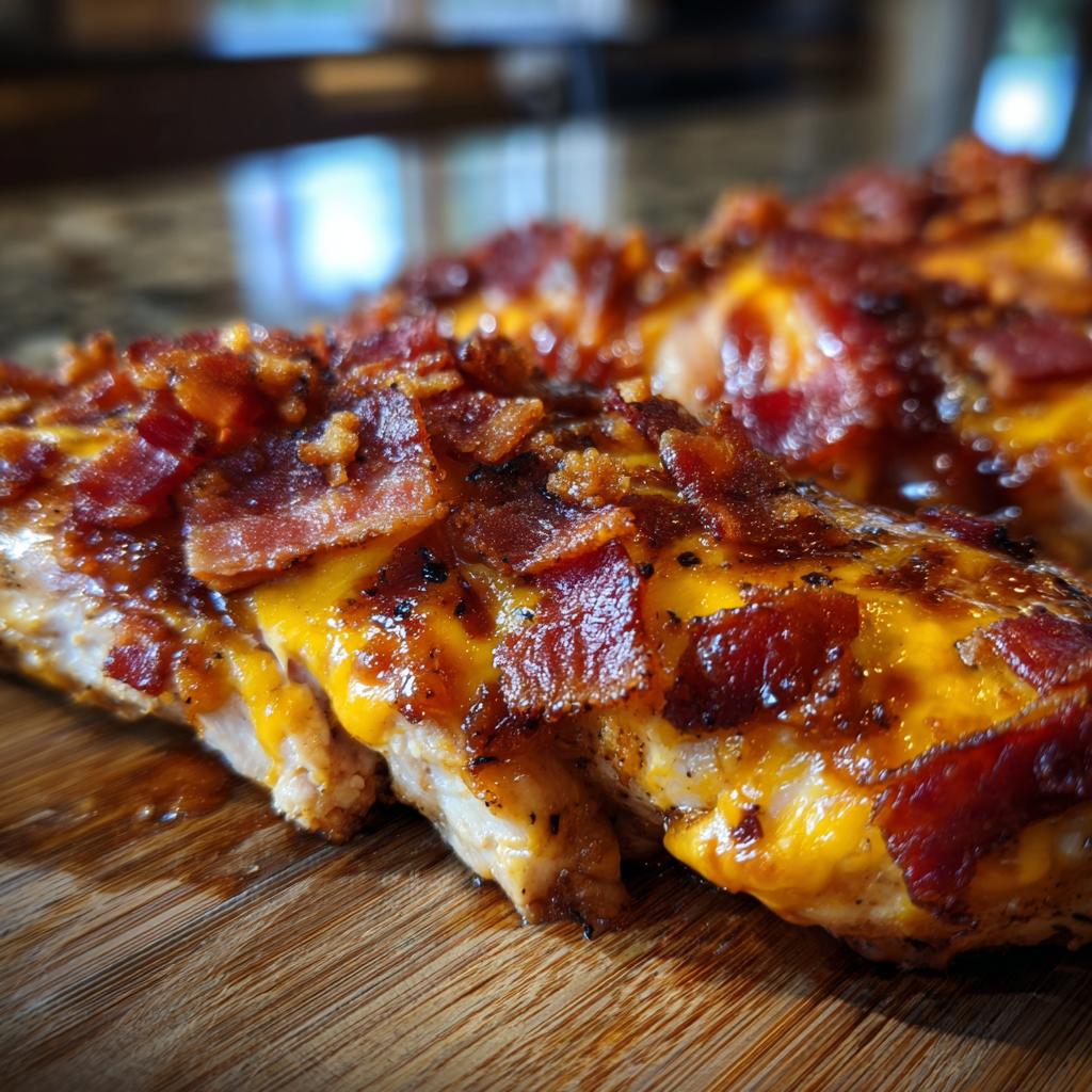 Close-up of Cowboy BBQ Bacon Cheddar Chicken, featuring melted cheddar cheese and crispy bacon pieces.