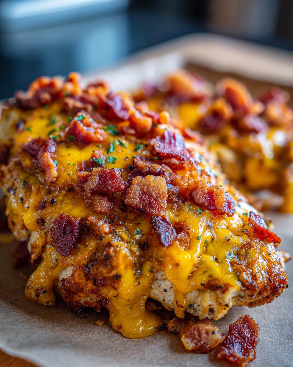 Close-up of Cowboy BBQ Bacon Cheddar Chicken, topped with melted cheddar cheese and crispy bacon bits.