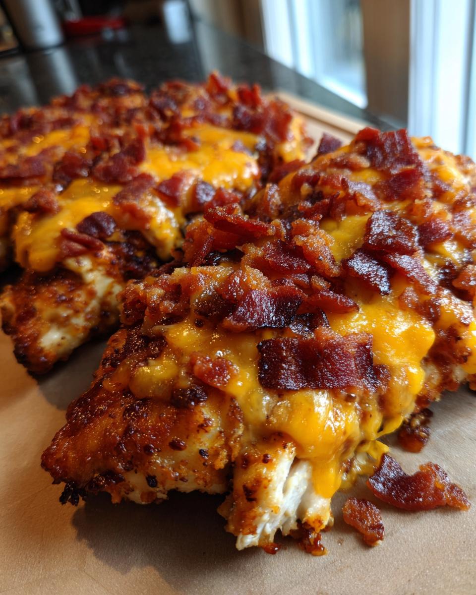 Close-up of Cowboy BBQ Bacon Cheddar Chicken, showing melted cheddar cheese and crispy bacon pieces on top.