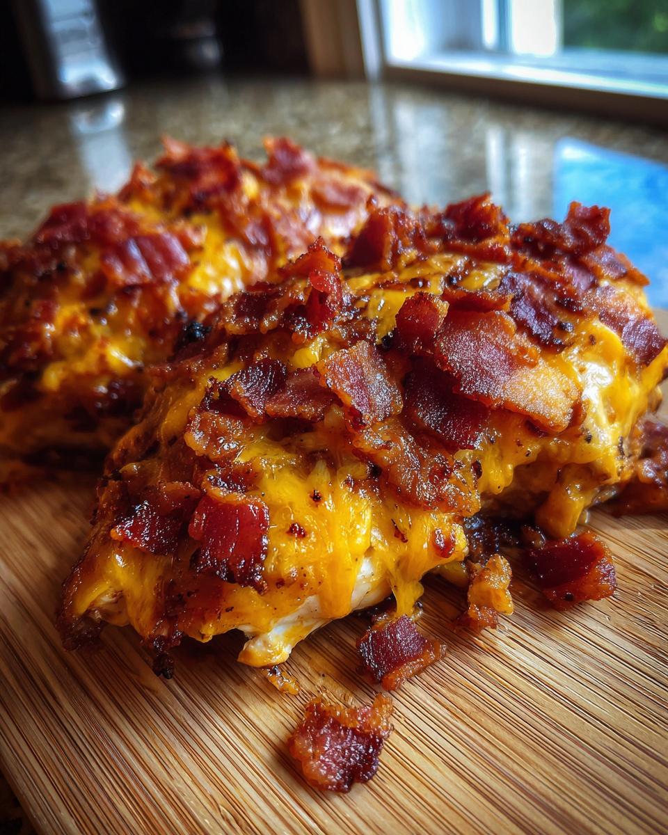 Close-up of Cowboy BBQ Bacon Cheddar Chicken, showing melted cheddar cheese and crispy bacon bits on a wooden cutting board.