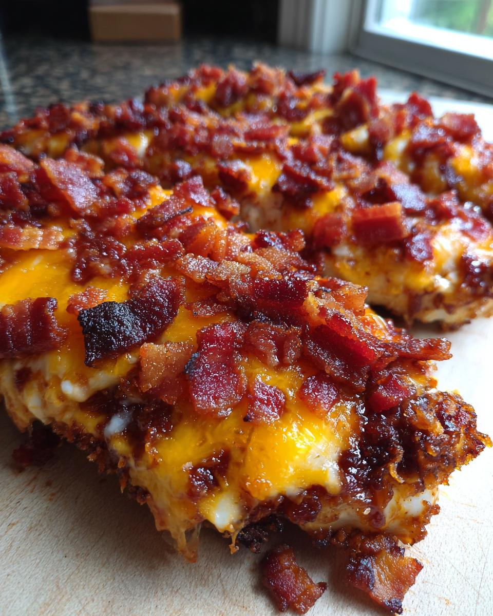 Close-up of Cowboy BBQ Bacon Cheddar Chicken, showing melted cheddar cheese and crispy bacon pieces.