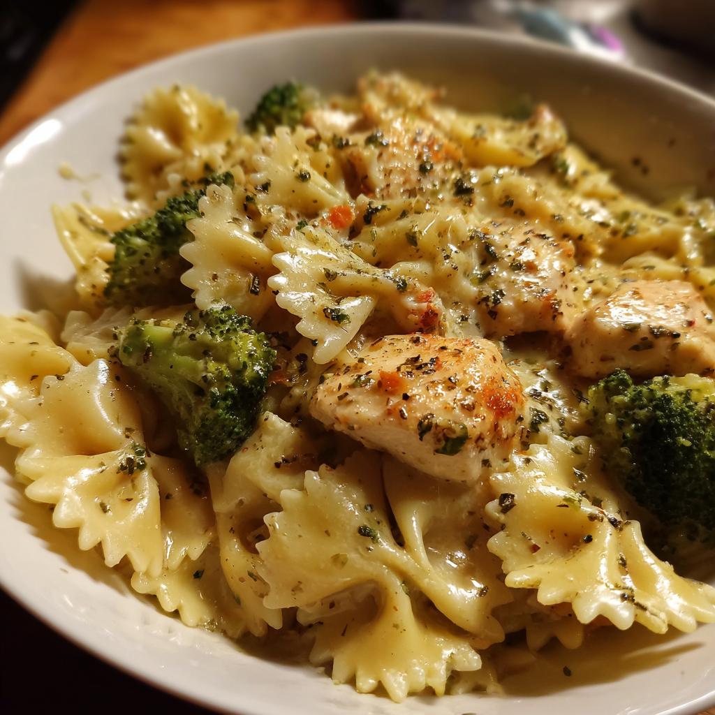 A close-up of Cowboy Butter Lemon Bowtie Chicken Pasta with Broccoli, featuring tender chicken pieces, vibrant broccoli florets, and creamy sauce.