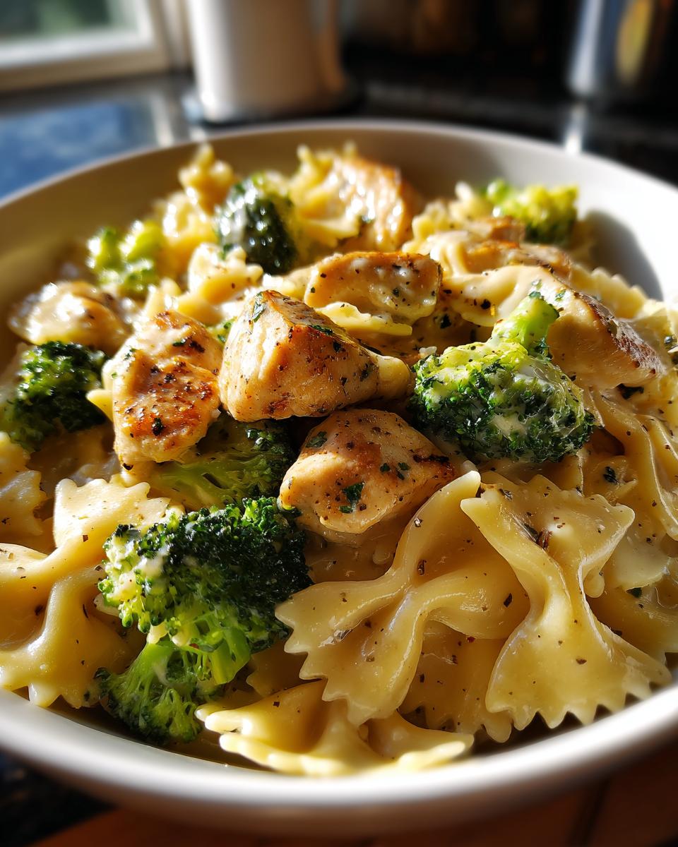 A close-up of Cowboy Butter Lemon Bowtie Chicken Pasta with Broccoli, featuring tender chicken pieces and vibrant broccoli florets tossed with farfalle pasta.