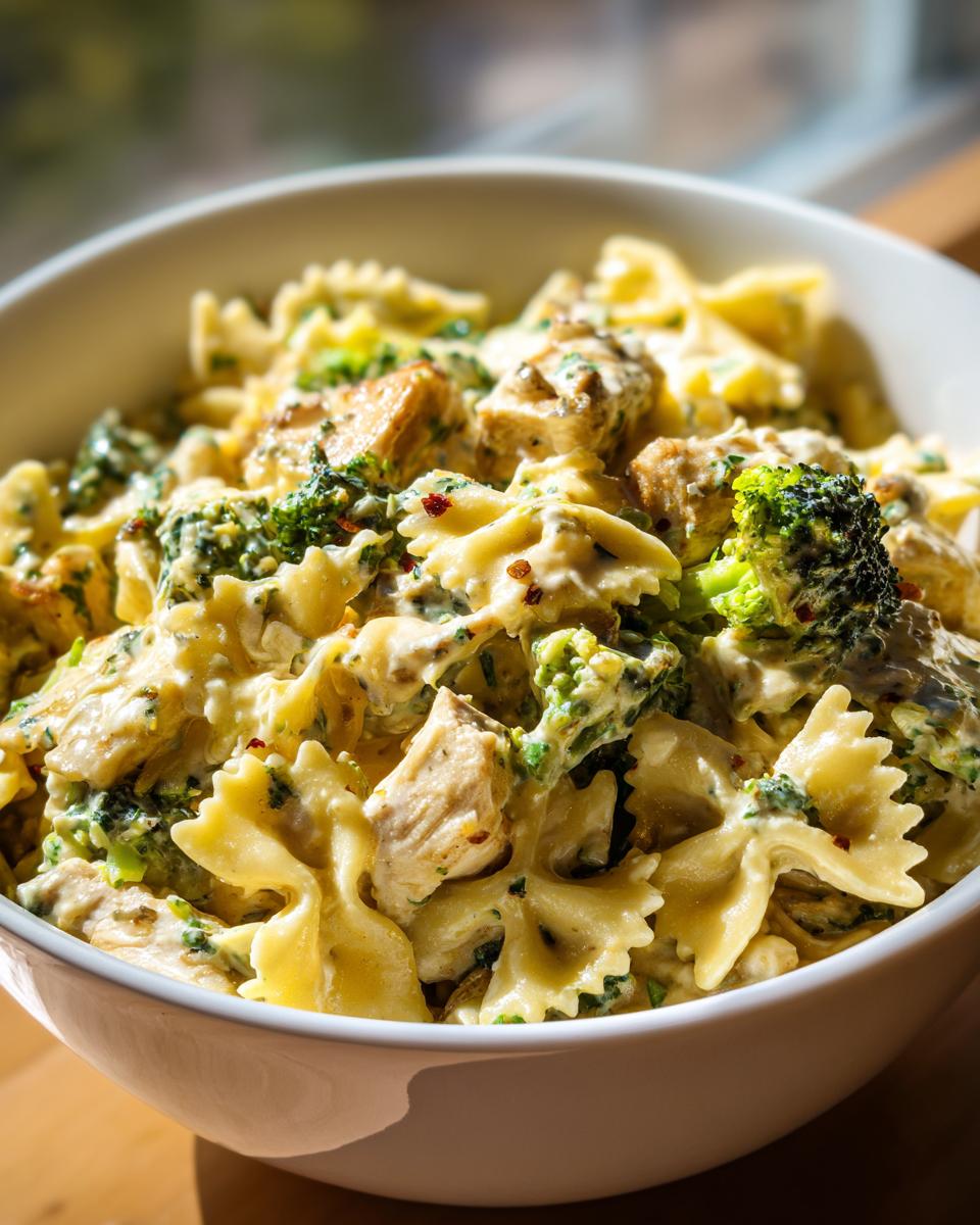 A bowl of Cowboy Butter Lemon Bowtie Chicken Pasta with Broccoli, coated in a creamy sauce and topped with red pepper flakes.