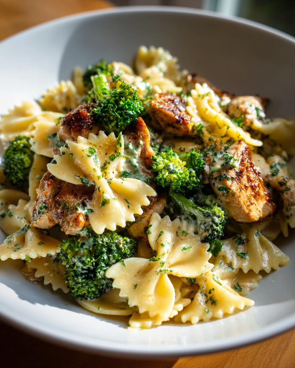A close-up of Cowboy Butter Lemon Bowtie Chicken Pasta with Broccoli, featuring tender chicken pieces and vibrant broccoli florets in a creamy sauce.