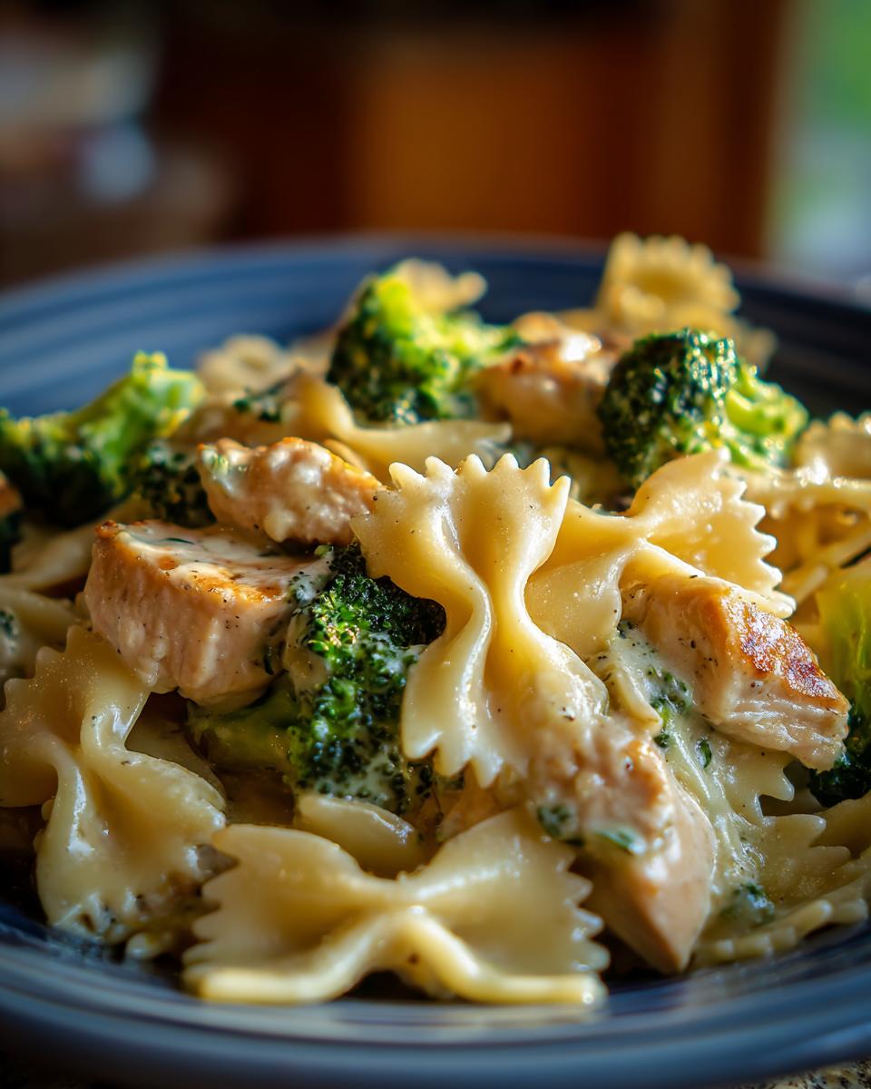A close-up of Cowboy Butter Lemon Bowtie Chicken Pasta with Broccoli, featuring tender chicken pieces, vibrant broccoli florets, and creamy sauce.