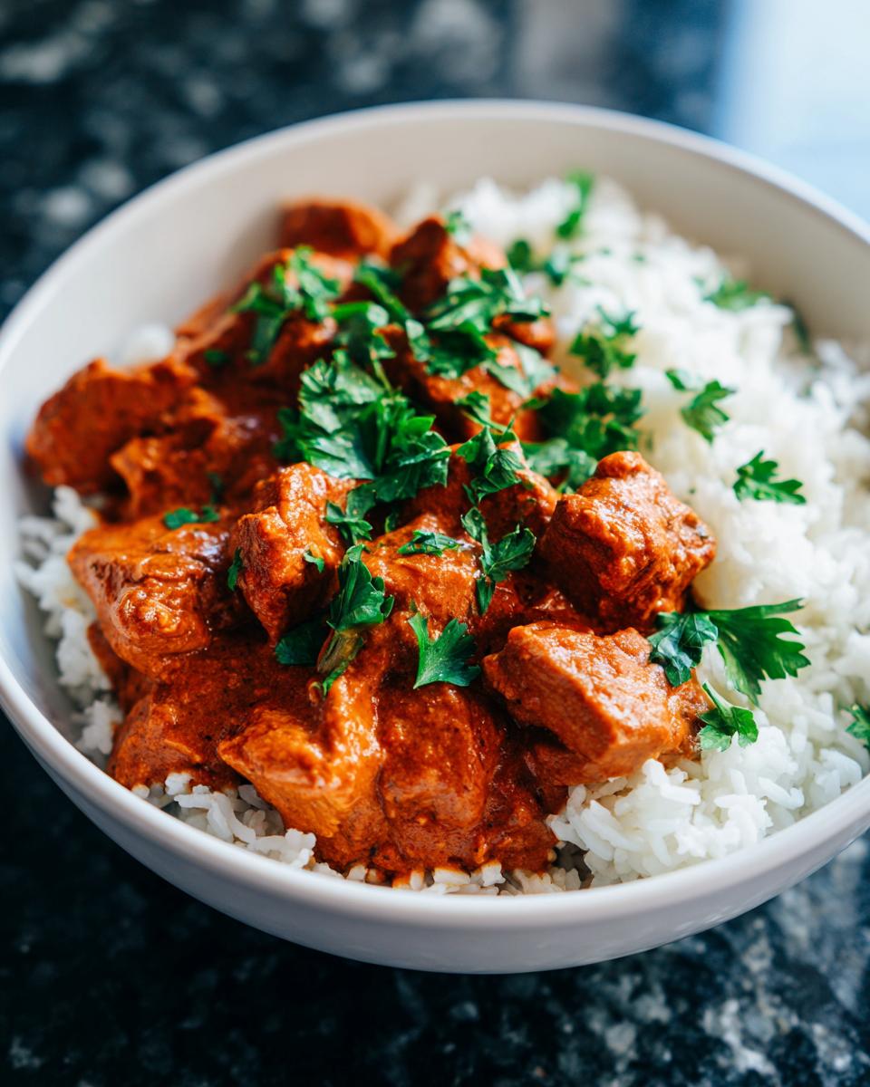 Close-up of a white bowl filled with fluffy white rice and tender chicken pieces in a rich, creamy Cajun sauce, garnished with fresh parsley.
