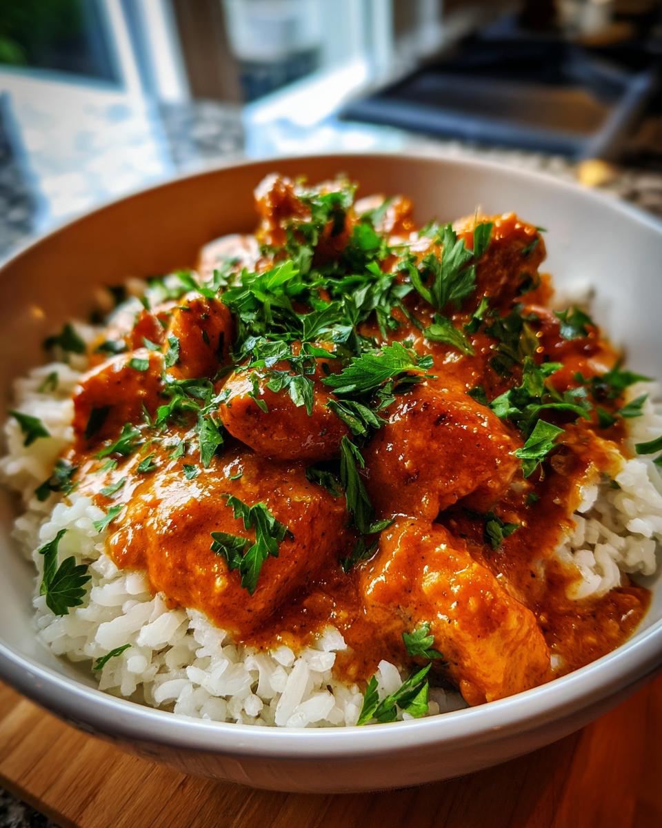 A close-up of a white bowl filled with white rice topped with creamy Cajun chicken and fresh parsley.