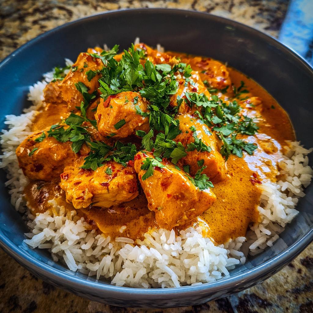 A close-up of Creamy Cajun Chicken & Rice Bowls, featuring tender chicken in a rich sauce over fluffy white rice, garnished with fresh parsley.