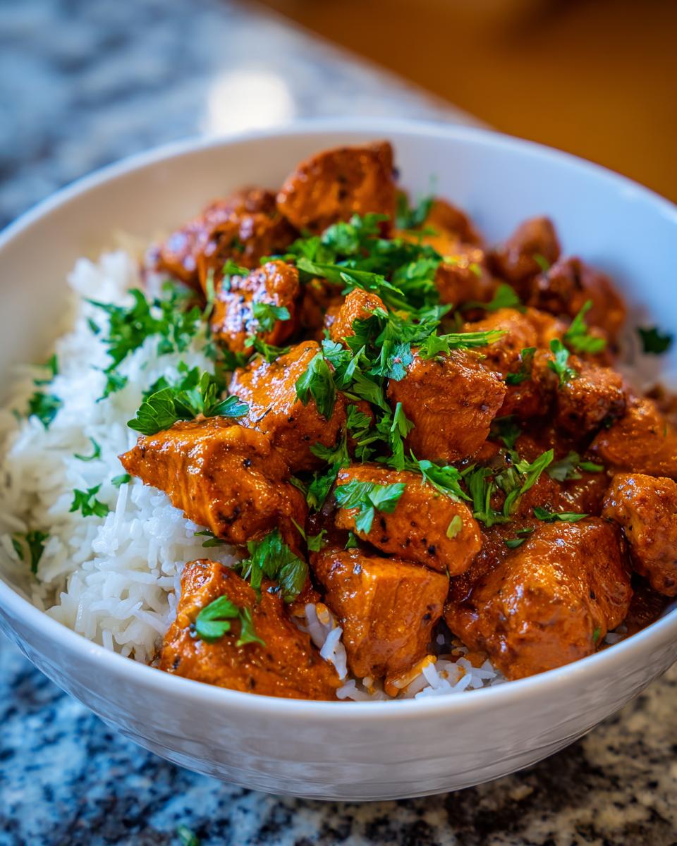 Close-up of a bowl of Creamy Cajun Chicken & Rice Bowls, featuring tender chicken pieces in a rich sauce over fluffy white rice, garnished with fresh parsley.