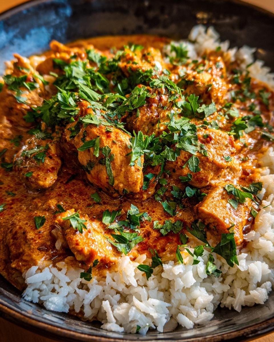 Close-up of Creamy Cajun Chicken & Rice Bowls, featuring tender chicken in a rich sauce over fluffy white rice, garnished with fresh parsley.