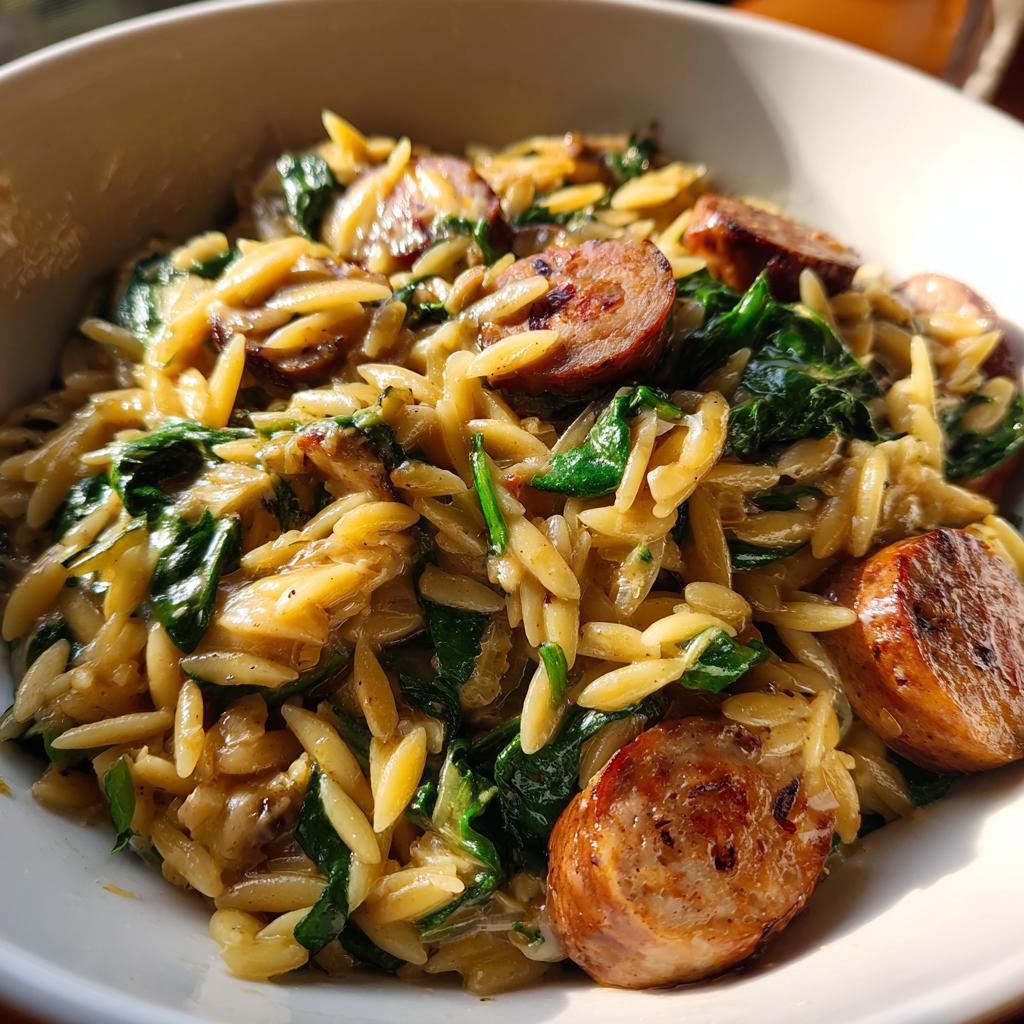 Close-up of a bowl of Creamy Chicken Sausage Orzo with wilted spinach and sliced sausage.