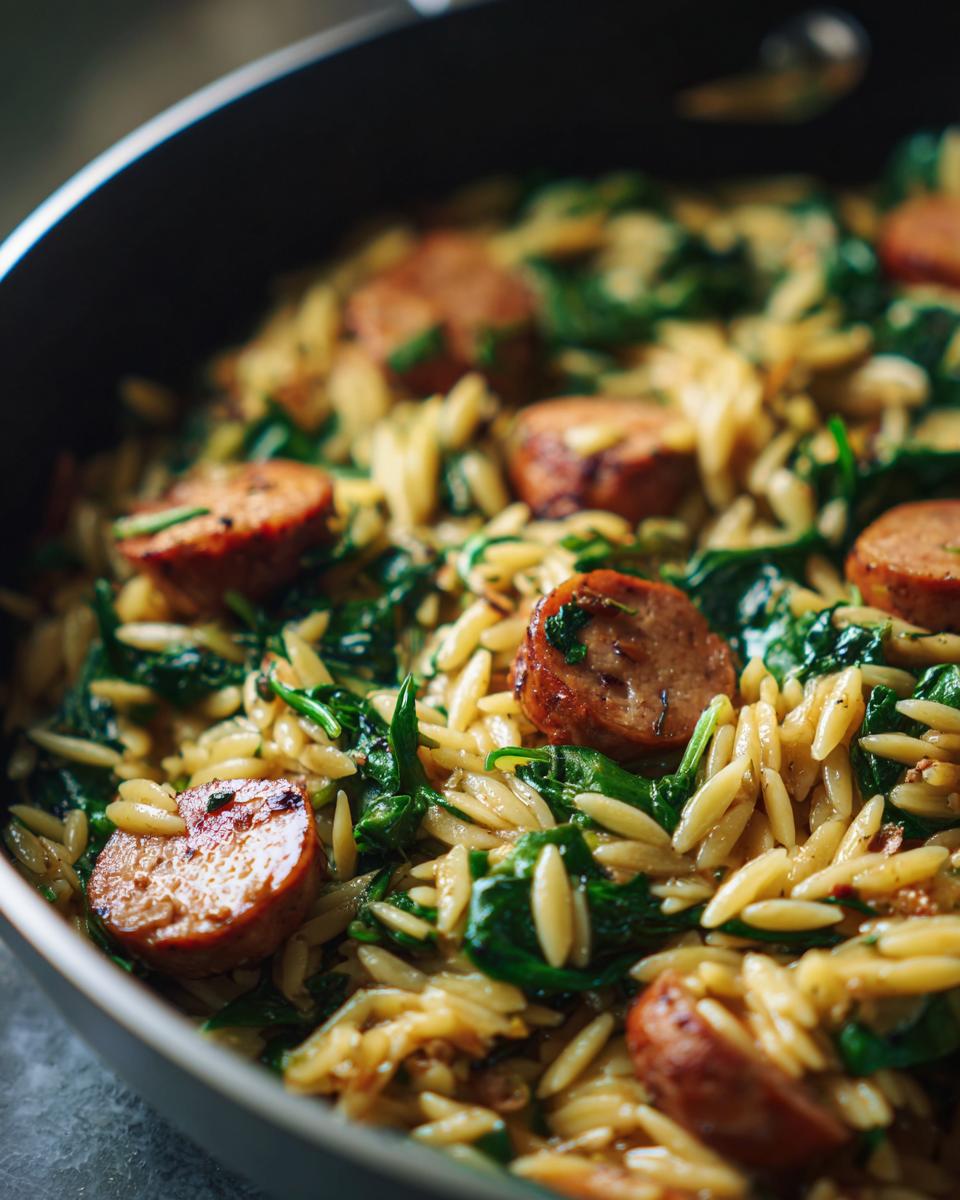 Close-up of Creamy Chicken Sausage Orzo with spinach and sliced sausage in a pan.