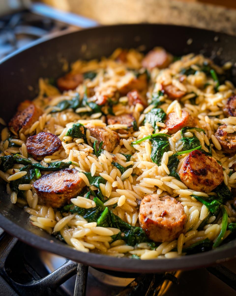 Close-up of a pan filled with Creamy Chicken Sausage Orzo and wilted spinach.