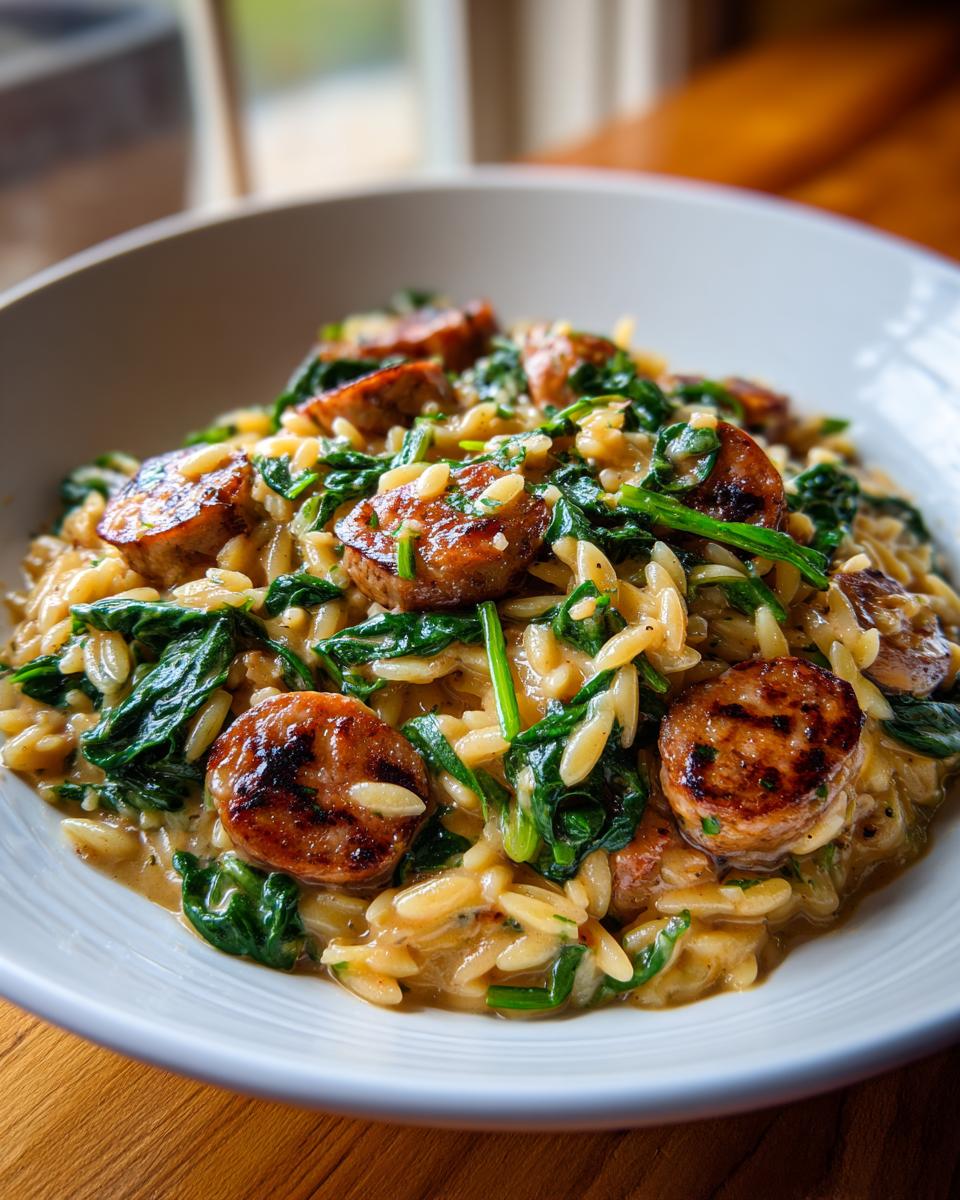 A close-up of a bowl of Creamy Chicken Sausage Orzo, featuring tender orzo pasta, wilted spinach, and sliced chicken sausage.