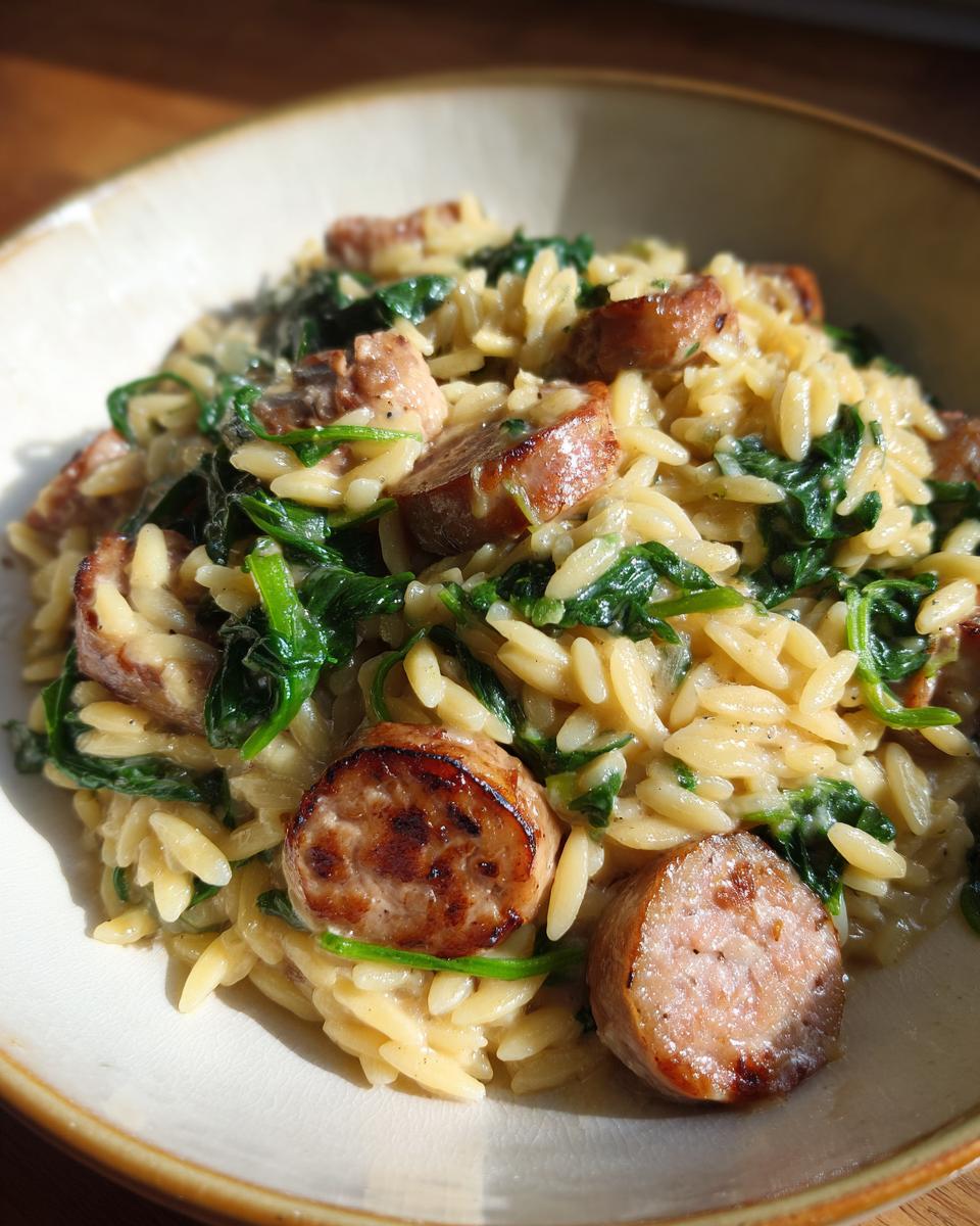 A close-up of a bowl filled with creamy chicken sausage orzo and wilted spinach.