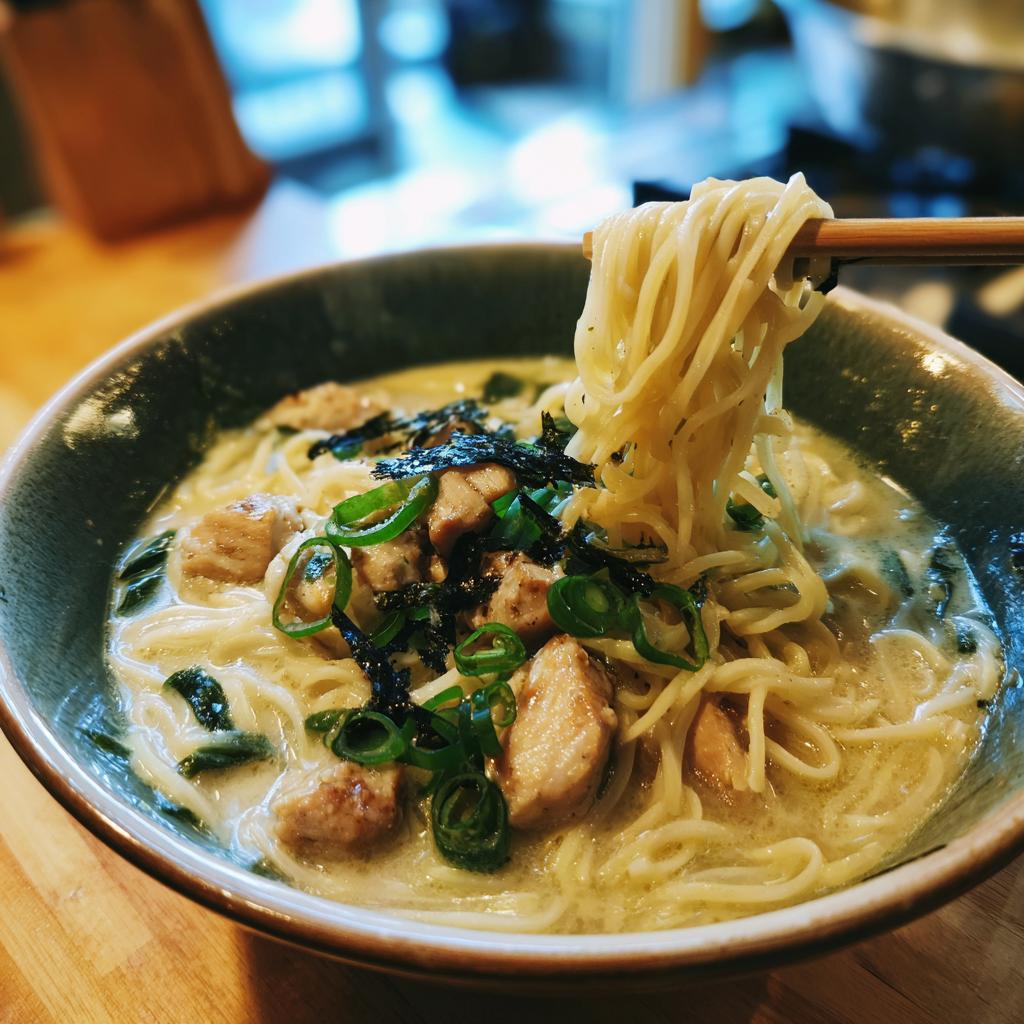 A bowl of Creamy Garlic Chicken Ramen with noodles being lifted by chopsticks, topped with chicken, green onions, and nori.