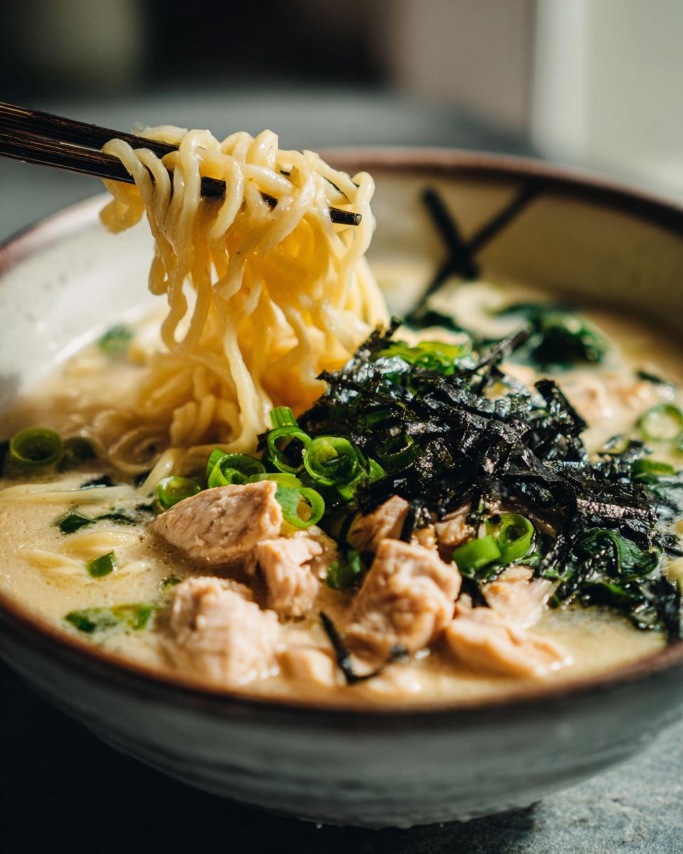 A close-up shot of Creamy Garlic Chicken Ramen, with noodles being lifted by chopsticks, showing chicken pieces, green onions, and nori.