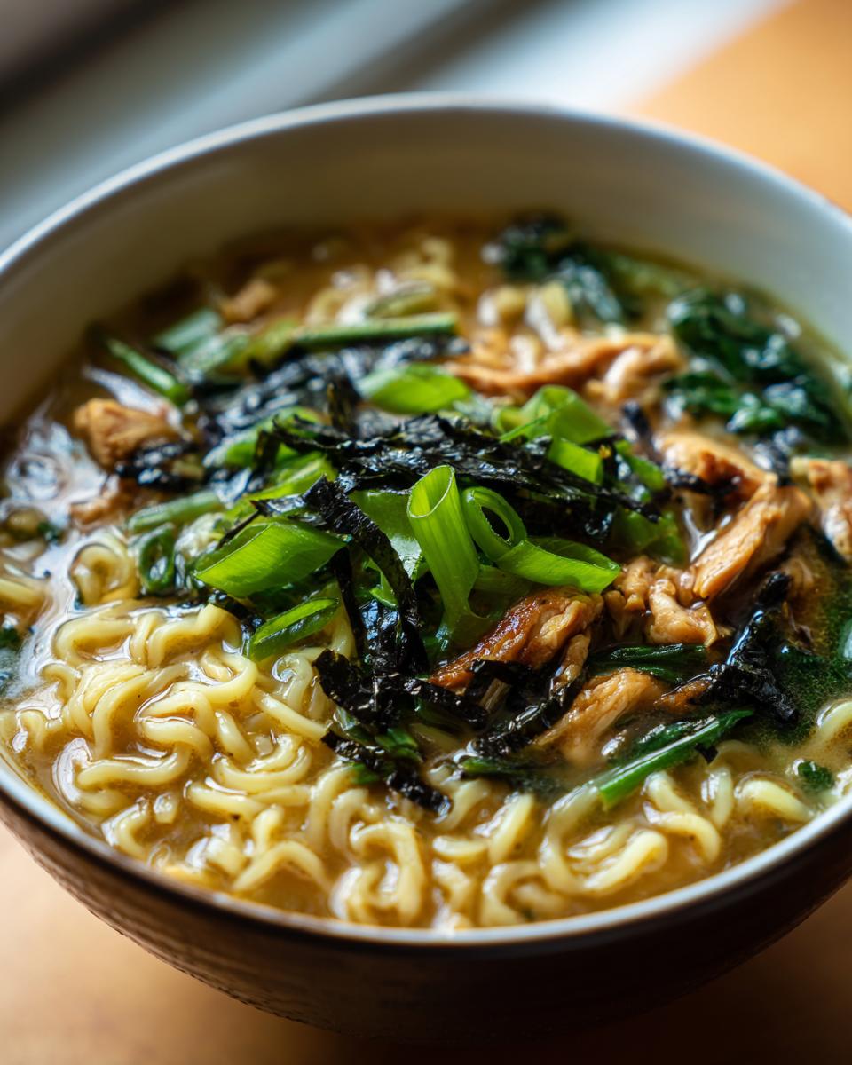Close-up of a steaming bowl of Creamy Garlic Chicken Ramen, featuring noodles, chicken, and green onions.