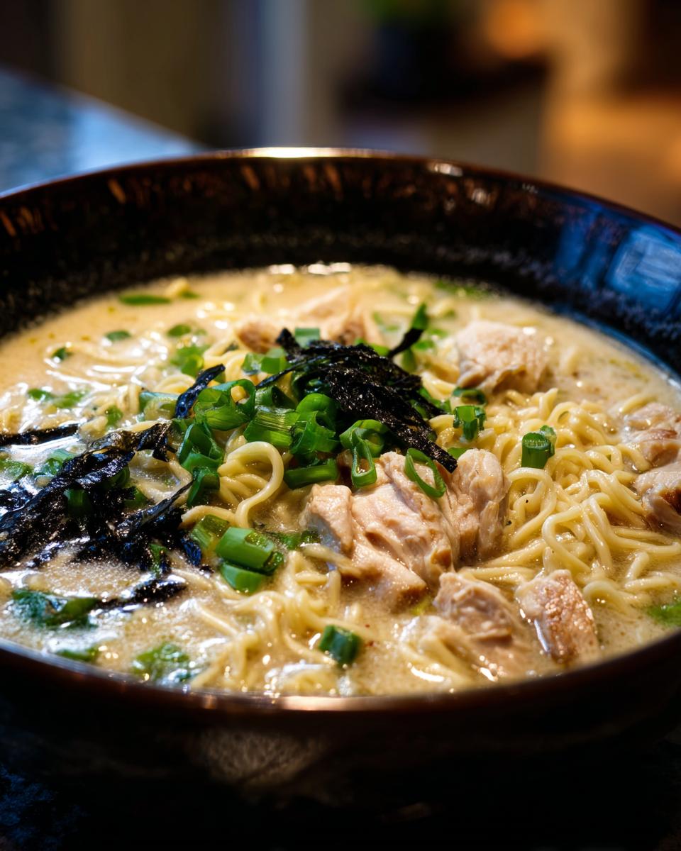 A close-up of a bowl of Creamy Garlic Chicken Ramen, featuring noodles, chicken, green onions, and nori.