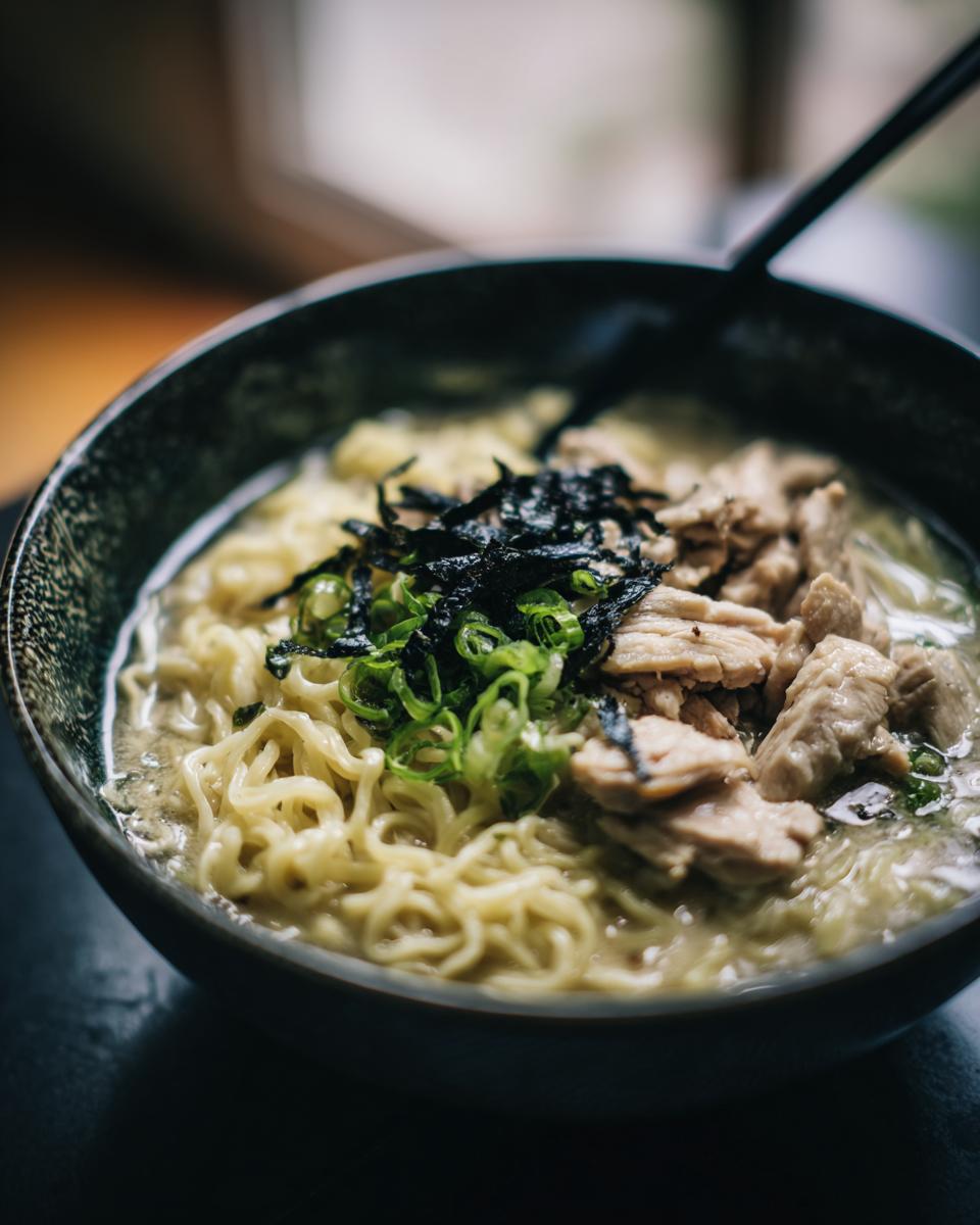 A close-up of a bowl of Creamy Garlic Chicken Ramen, featuring noodles, chicken, seaweed, and green onions.