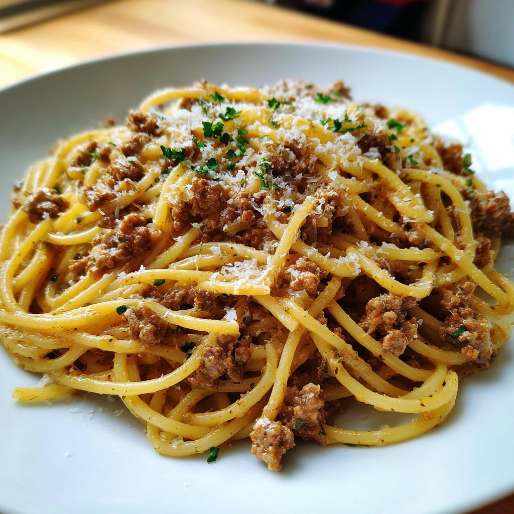A delicious plate of Creamy High Protein Beef Pasta, topped with grated cheese and parsley.