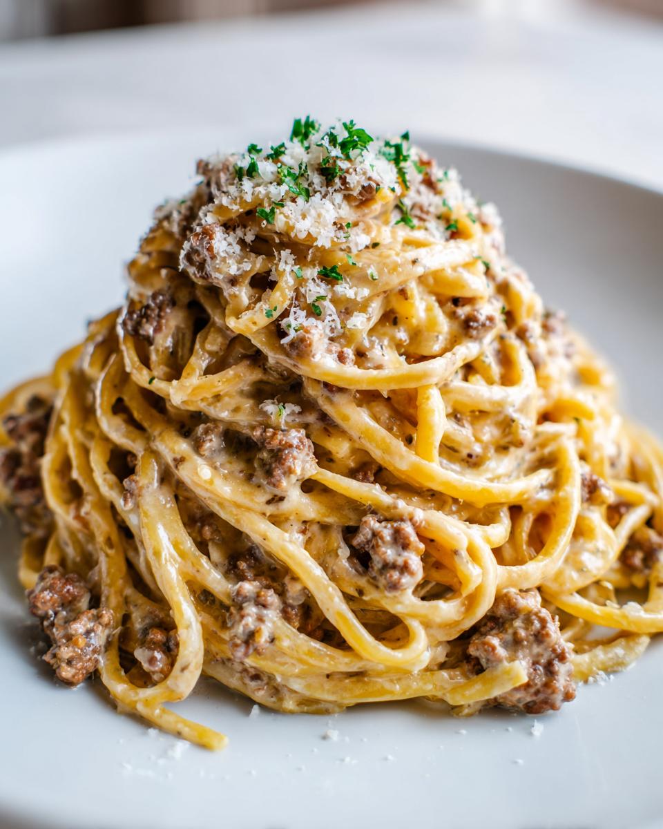 A close-up of a generous portion of Creamy High Protein Beef Pasta, topped with grated Parmesan and parsley.