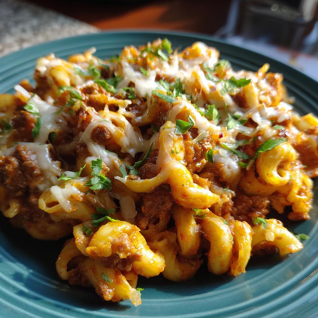A close-up of a plate filled with Creamy High Protein Beef Pasta, topped with melted cheese and fresh parsley.