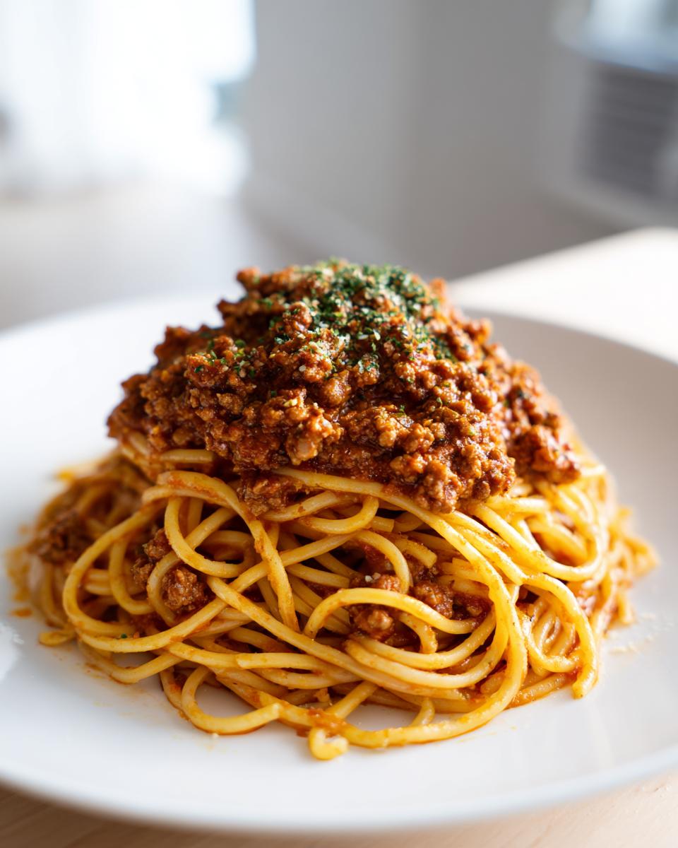 A generous serving of Creamy High Protein Beef Pasta topped with rich Bolognese sauce and sprinkled with herbs.