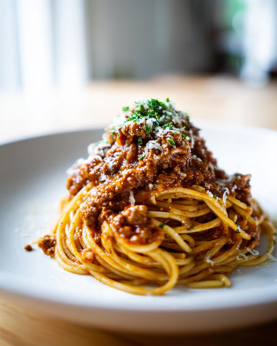 A generous serving of Creamy High Protein Beef Pasta topped with rich bolognese sauce and grated parmesan cheese.