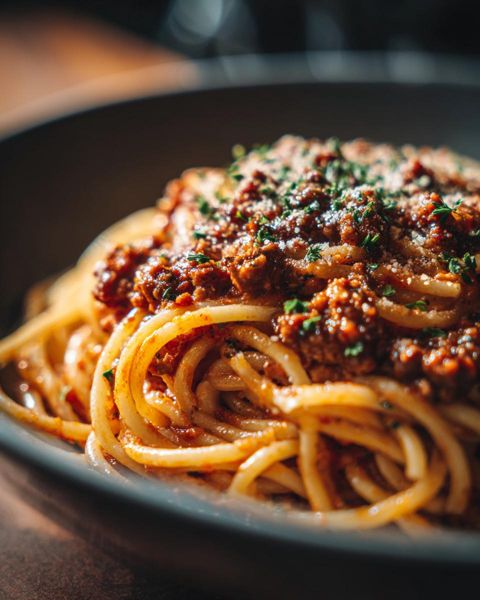 A close-up shot of a bowl of Creamy High Protein Beef Pasta, topped with rich meat sauce and fresh herbs.