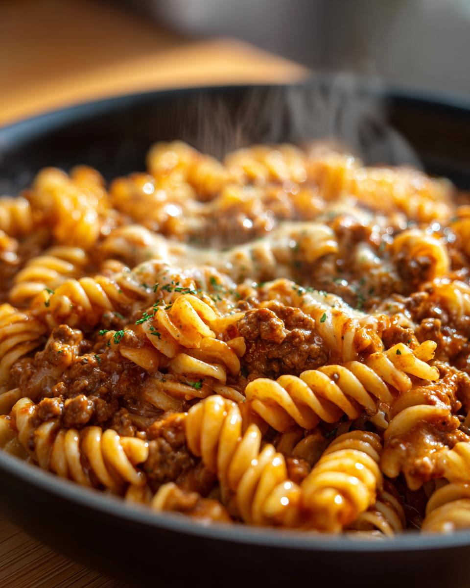 Close-up of steaming Creamy High Protein Beef Pasta with fusilli noodles and melted cheese.