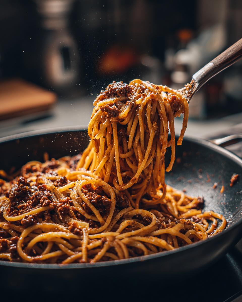 A serving fork lifts a generous portion of Creamy High Protein Beef Pasta from a pan.