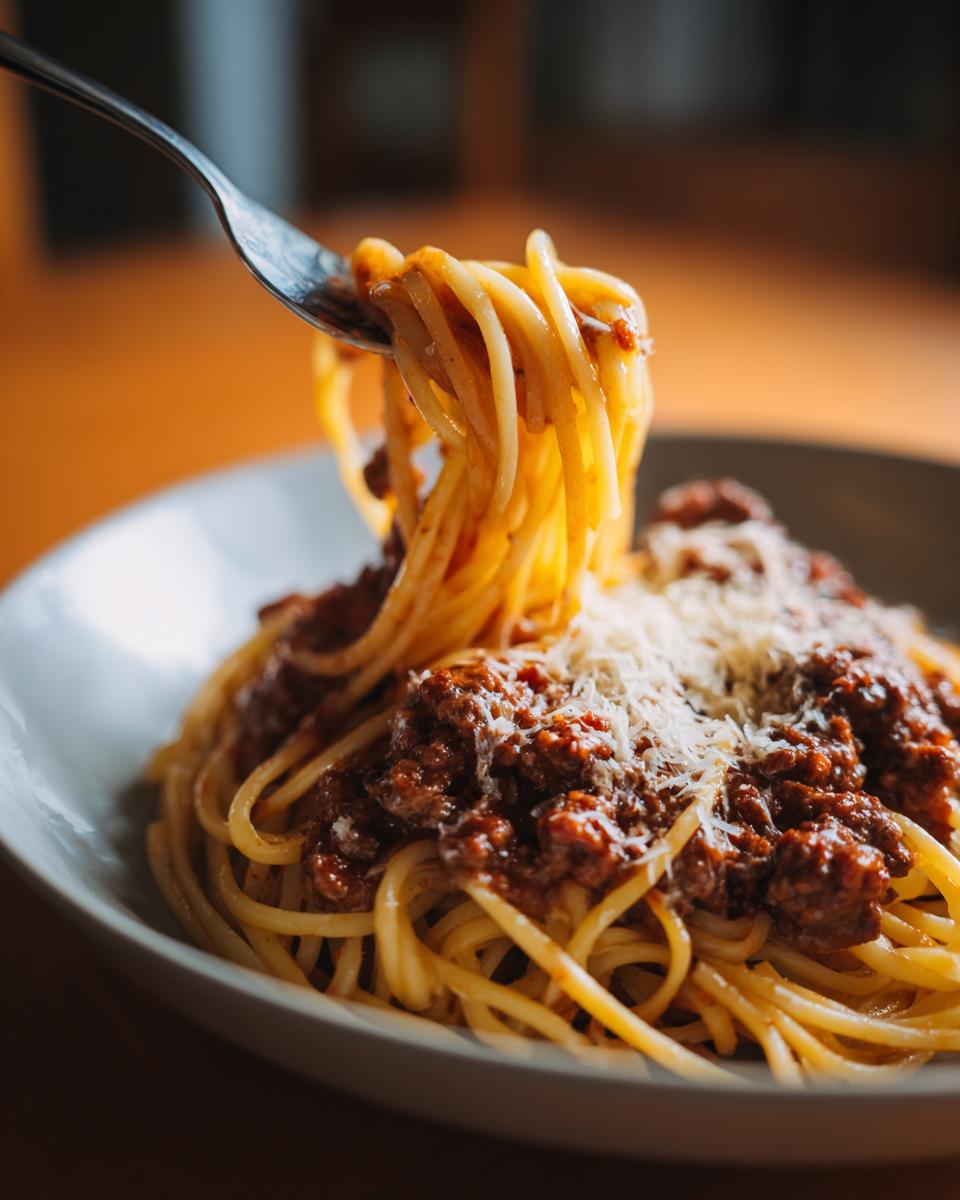 A fork twirls spaghetti covered in creamy high protein beef pasta sauce, topped with grated cheese.