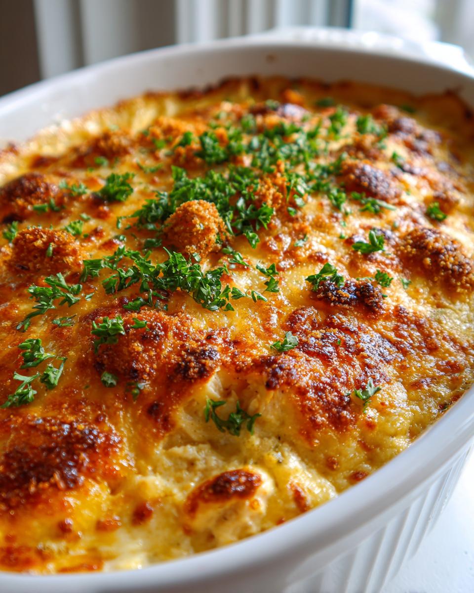 A close-up shot of a freshly baked Creamy Low Carb Chicken Casserole, golden brown and topped with fresh parsley.