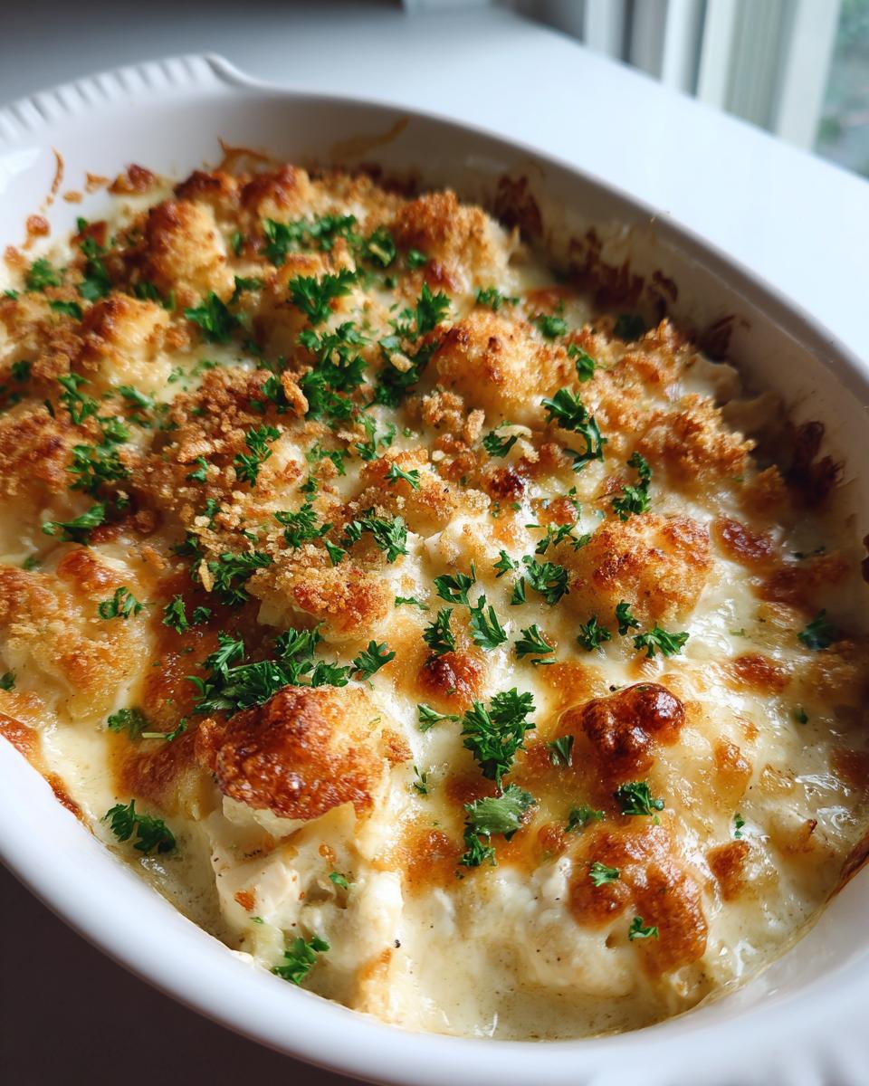 Close-up of a bubbly Creamy Low Carb Chicken Casserole topped with golden-brown cheese and fresh parsley.