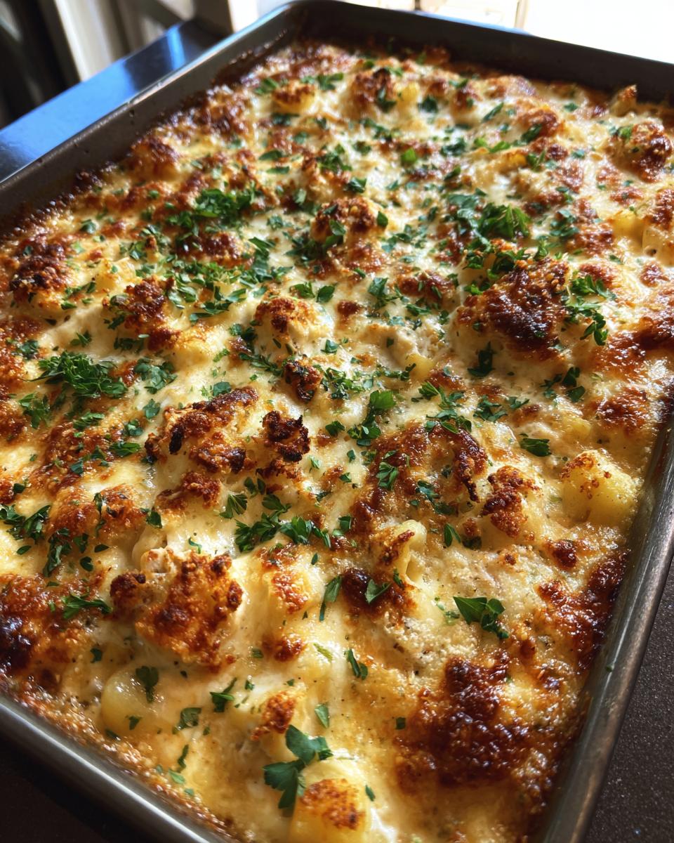 Close-up of a freshly baked Creamy Low Carb Chicken Casserole in a baking dish, topped with melted cheese and parsley.