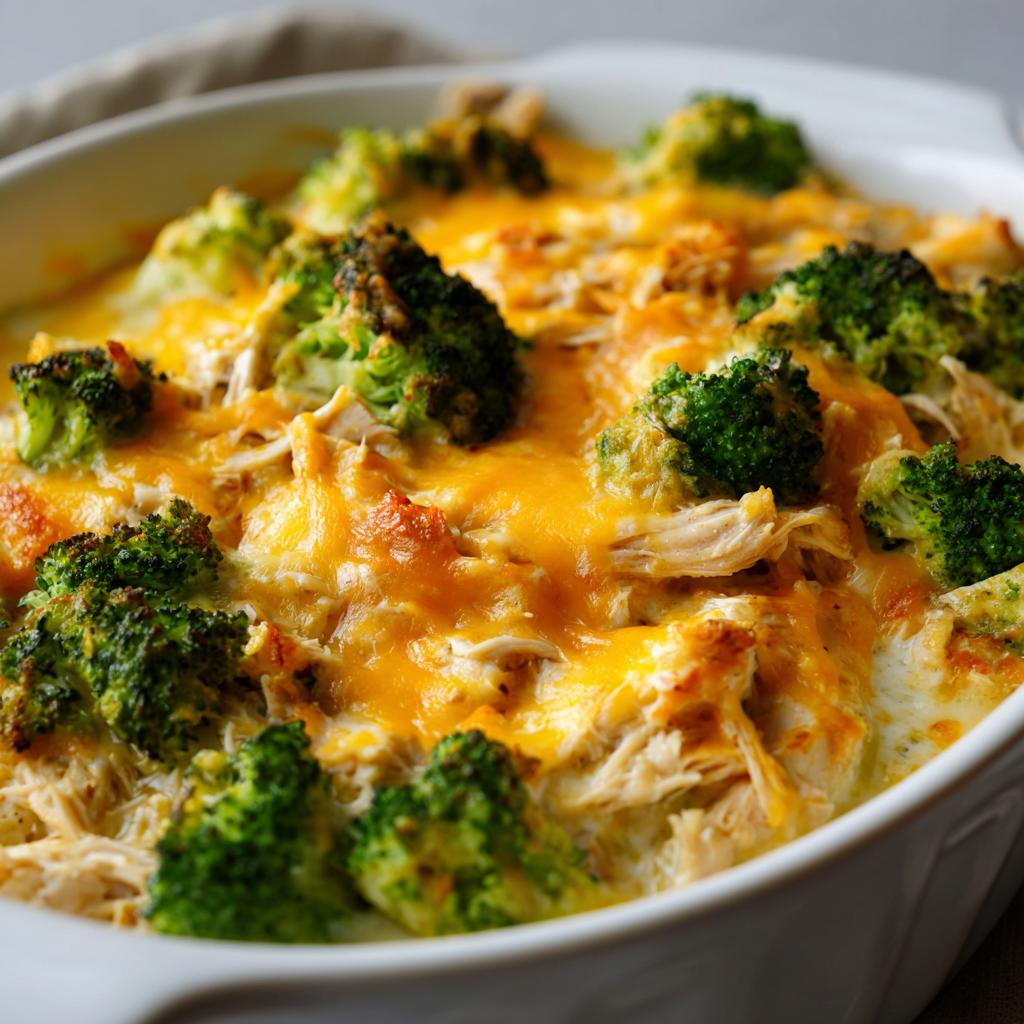 Close-up of a creamy low carb chicken casserole topped with melted cheddar cheese and broccoli florets.