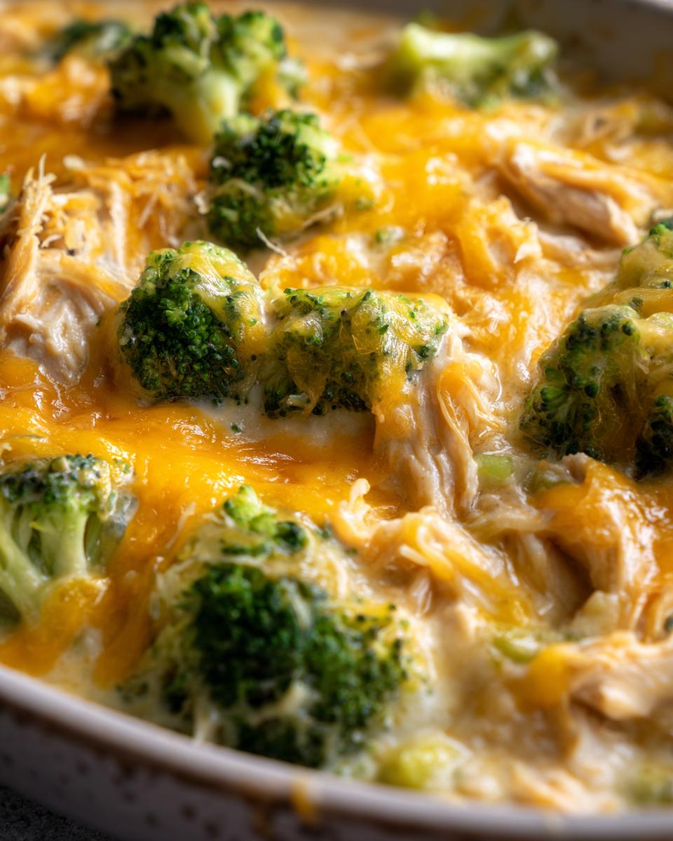 Close-up of a Creamy Low Carb Chicken Casserole with tender chicken, broccoli florets, and melted cheddar cheese.