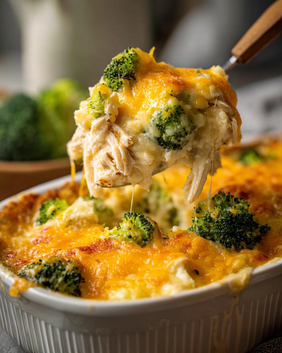 A scoop of Creamy Low Carb Chicken Casserole with broccoli and melted cheese being lifted from a white dish.