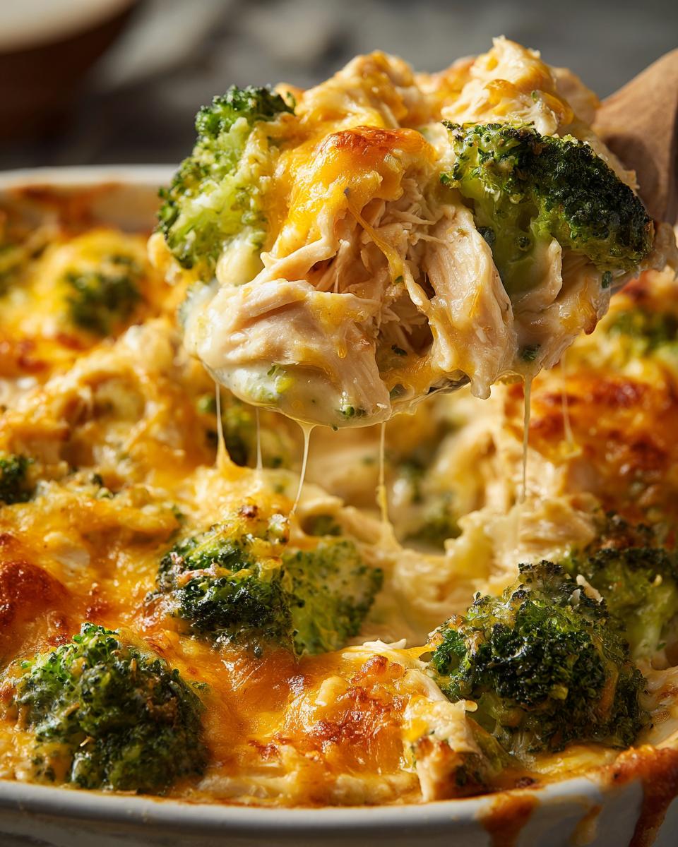 A spoonful of creamy low carb chicken casserole with broccoli and melted cheese being lifted from a baking dish.
