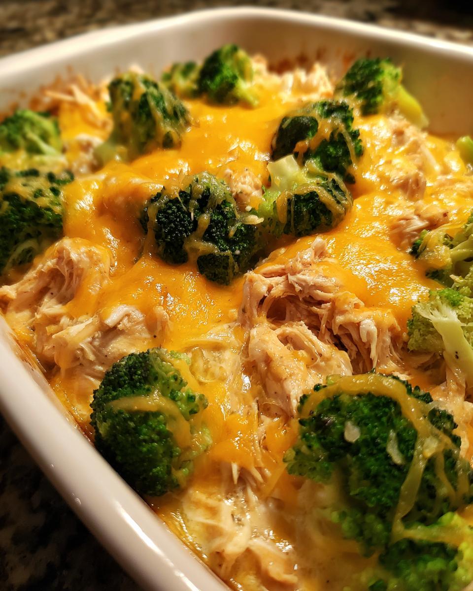 Close-up of a Creamy Low Carb Chicken Casserole topped with melted cheddar cheese and broccoli florets.