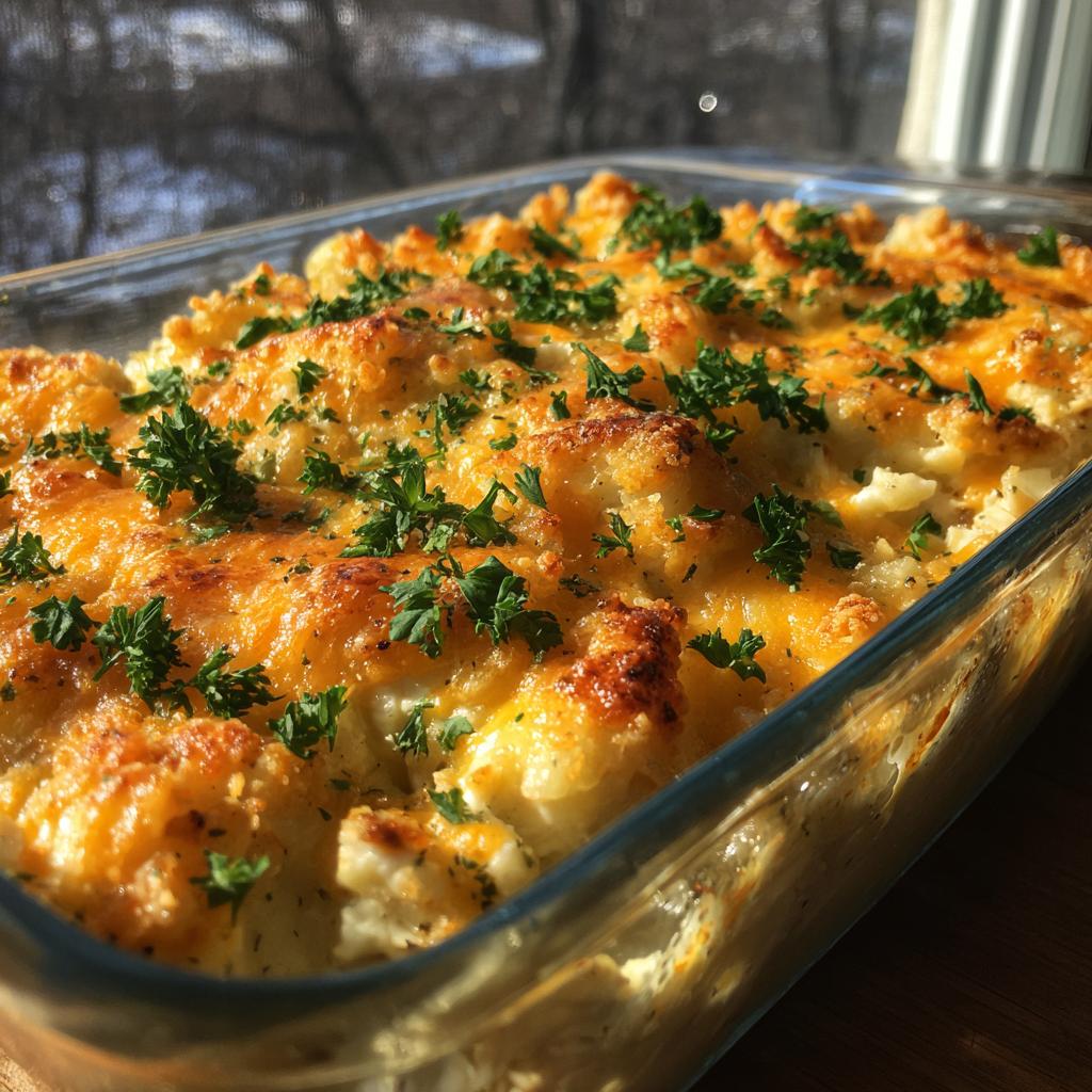 A close-up of a bubbly Creamy Low Carb Chicken Casserole topped with melted cheese and fresh parsley.