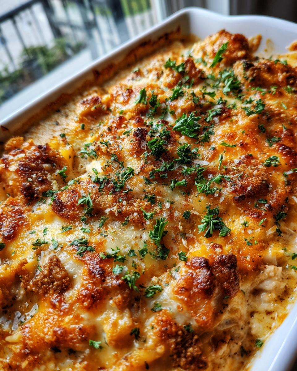 Close-up of a bubbling Creamy Low Carb Chicken Casserole topped with melted cheese and fresh parsley in a white baking dish.